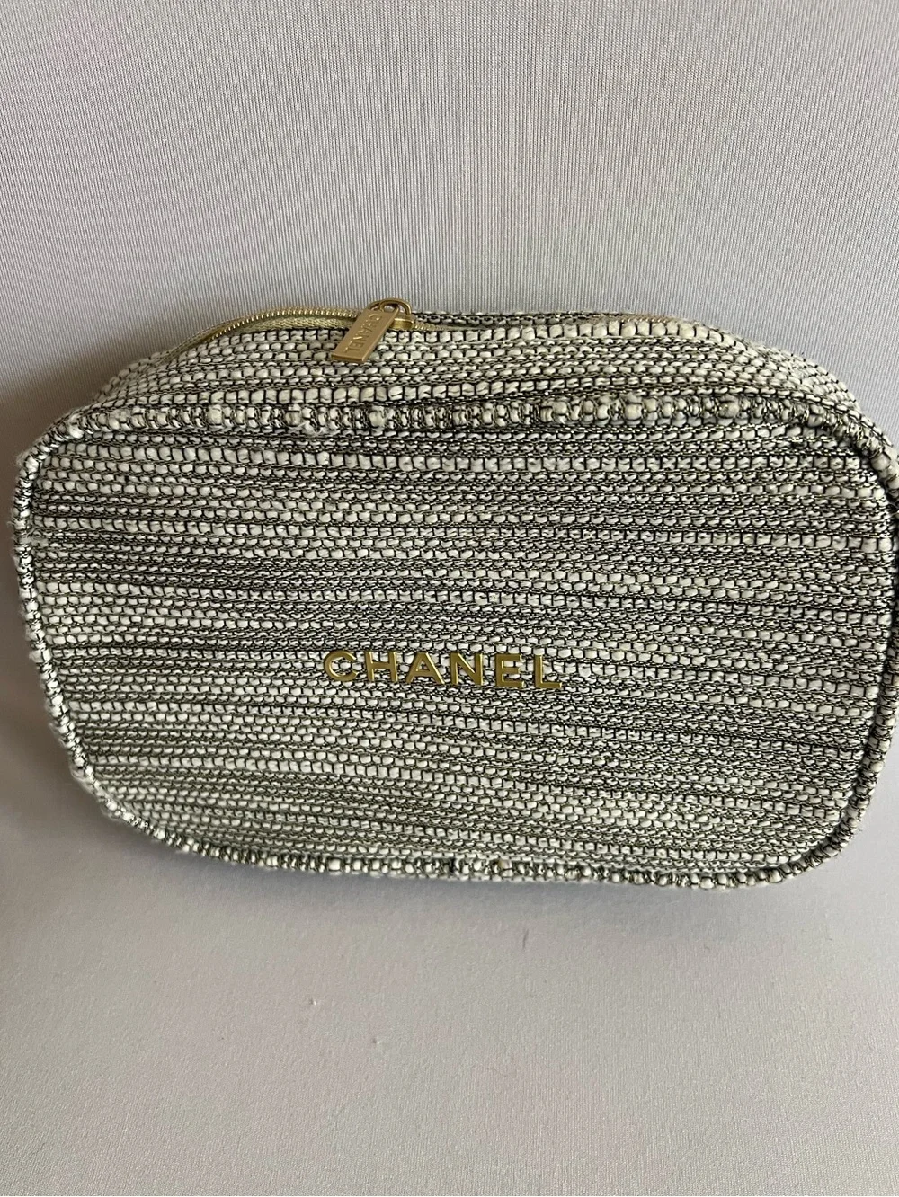 CHANEL Tweed Woven Cosmetic Case - Bag with Gold Logo